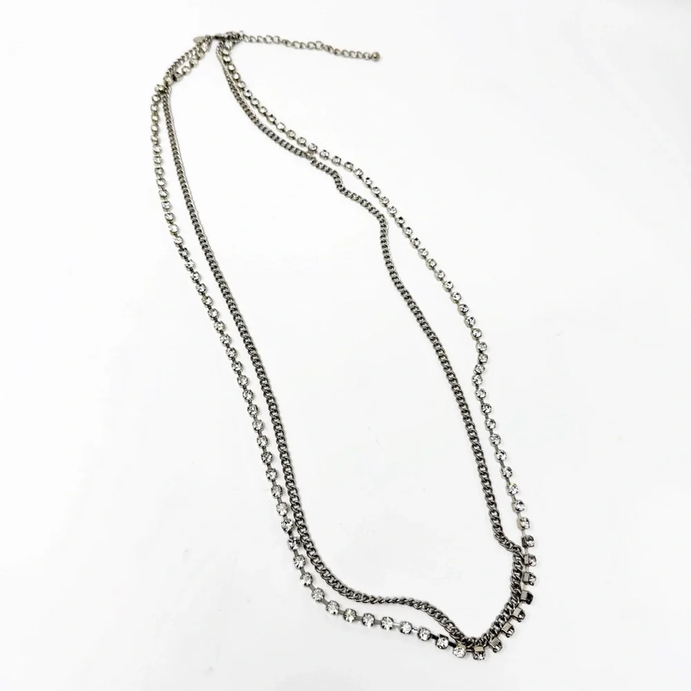 Chico’s Layered Long Necklace Silver Tone Chain & Clear Rhinestones
